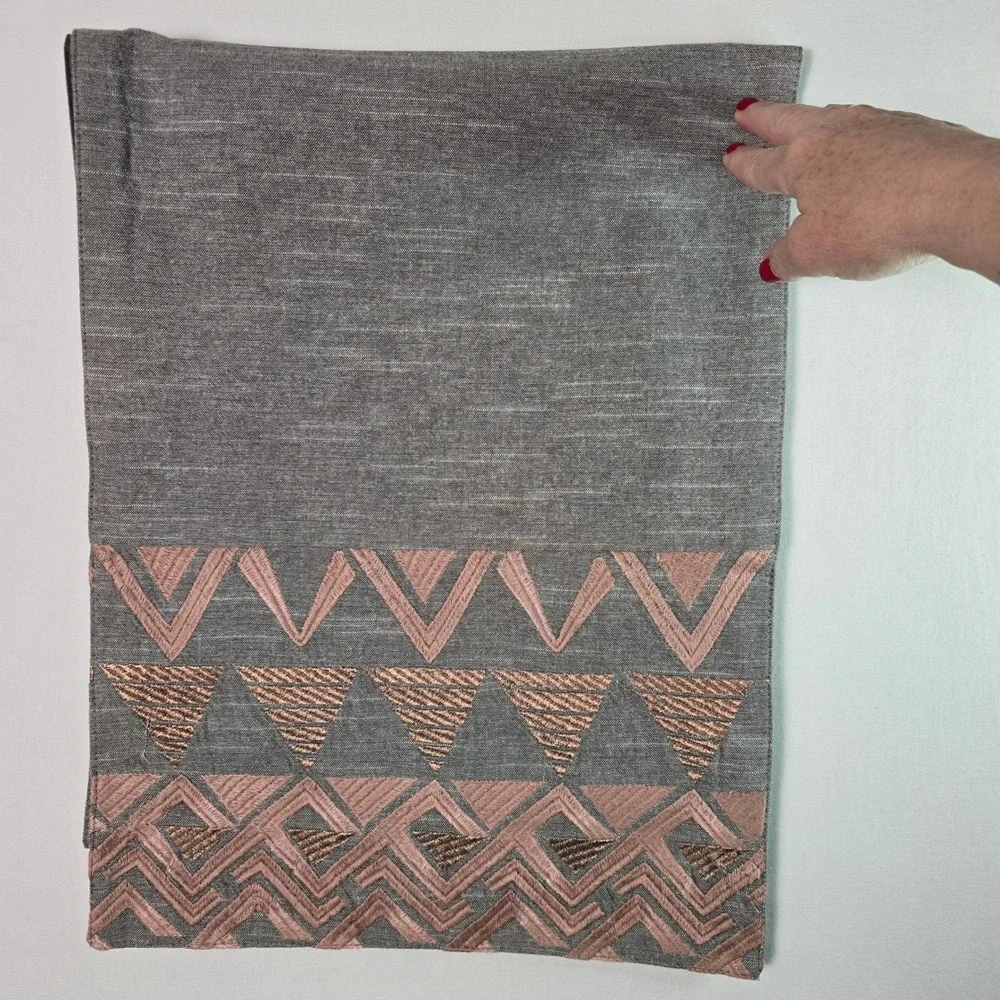 Modern Geometric Embroidered Table Runner Charcoal Gray Copper‎ Rose Pink 72x14